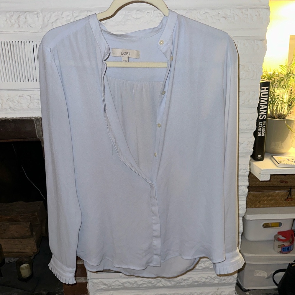 LOFT Baby Blue Button Down Blouse with Ruffled Sleeves